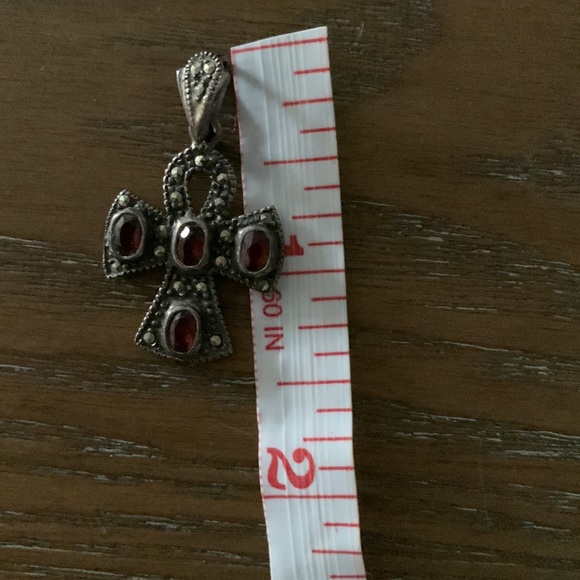 Vintage Sterling Silver  Filigree Cross Pendant with Garnet Stone - Picture 14 of 16